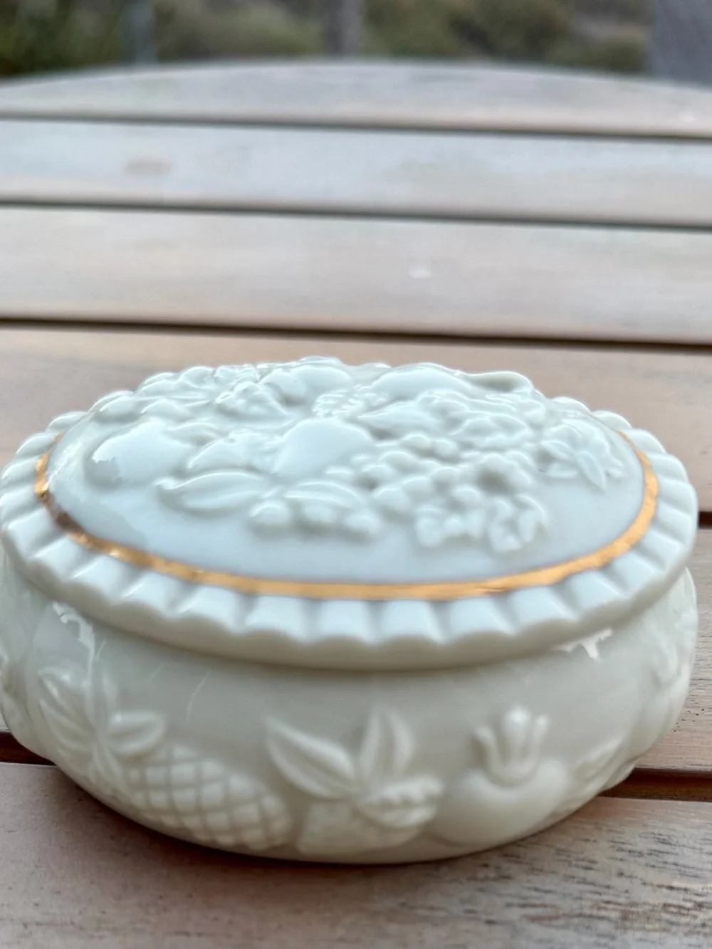Lenox Cream Glazed Ceramic Jewelry Trinket Box with Fruit Relief Motif